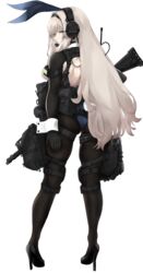  absurdres ammunition_pouch an-94 an-94_(girls&#039;_frontline) animal_ears aqua_eyes aqua_hair assault_rifle backless_leotard backless_outfit black_leotard fake_animal_ears female fishnet_pantyhose fishnets from_behind fte_(fifteen_199) full_body girls&#039;_frontline gun harness headset high_heels highres holding holding_gun holding_weapon holster leotard long_hair pantyhose playboy_bunny pouch rabbit_ears rabbit_tail rifle shrug_(clothing) smersh standing strapless strapless_leotard tail thigh_holster thigh_pouch weapon white_background wrist_cuffs 