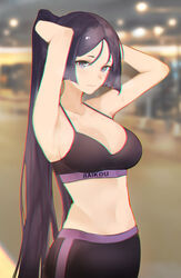  armpits arms_behind_head arms_up bare_shoulders black_pants black_sports_bra breasts cleavage collarbone commentary commission english_commentary fate/grand_order fate_(series) female highres large_breasts long_hair looking_at_viewer minamoto_no_raikou_(fate) navel pants parted_bangs pixiv_commission purple_eyes purple_hair solo sports_bra thighs tight_clothes tight_pants vantsuki very_long_hair yoga_pants 