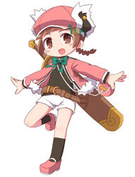  :d black_shirt black_socks blush_stickers bow braid brown_eyes brown_hair cabbie_hat commentary female full_body fur-trimmed_jacket fur_trim green_bow hat highres jacket kneehighs long_hair long_sleeves naga_u open_clothes open_jacket open_mouth pink_footwear pink_hat pink_jacket rifmonica sheath sheathed shirt shoes short_shorts shorts simple_background smile socks solo standing standing_on_one_leg summon_night summon_night_craft_sword_monogatari_hajimari_no_ishi sword weapon weapon_on_back white_background white_shorts 