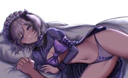  1boy absurdres breasts contender_(flowerful_maid)_(girls&#039;_frontline) contender_(girls&#039;_frontline) dr_unk2020 female girls&#039;_frontline grey_hair highres holding_hands interlocked_fingers lying medium_breasts navel official_alternate_costume on_side pov purple_eyes ribbon smile solo_focus 