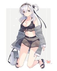  barefoot bikini black_bikini black_headband blush clothes_writing commentary crab female flip-flops full_body grey_eyes grey_hair grey_jacket hachimaki hair_between_eyes headband jacket kantai_collection long_hair long_sleeves one_side_up open_clothes open_jacket sandals shakemi_(sake_mgmgmg) solo suzutsuki_(kancolle) suzutsuki_(swimsuit_mode)_(kancolle) swimsuit white_hair 