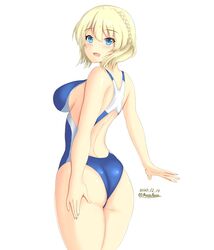  artistic_error ass bikini blonde_hair blue_eyes blue_one-piece_swimsuit braid breasts colorado_(kancolle) commentary_request competition_swimsuit cowboy_shot dated female from_behind highres kantai_collection large_breasts looking_at_viewer looking_back montemasa one-piece_swimsuit short_hair side-tie_bikini_bottom side_braids sideboob simple_background solo standing swimsuit twitter_username white_background wrong_hand 