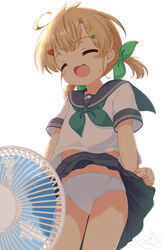  :d ^_^ ahoge bangs black_sailor_collar black_skirt blonde_hair blush closed_eyes clothes_lift clover_hair_ornament collarbone commentary_request electric_fan facing_viewer fanning_crotch fanning_self fate_(series) female four-leaf_clover_hair_ornament green_neckerchief green_ribbons hair_ornament hair_ribbon hairclip highres lifted_by_self low_twintails neckerchief original panties pila-pela pleated_skirt ribbon sailor_collar school_uniform serafuku shirt short_sleeves short_twintails simple_background skirt skirt_lift smile solo sweat twintails underwear white_background white_panties white_shirt 