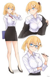  absurdres alternate_hairstyle arm_behind_back arm_under_breasts arm_up bangs black_footwear black_jacket black_skirt blonde_hair blue_eyes blush breasts collar collared_shirt female full_body glasses hair_ornament hand_in_hair high_heels highres holding holding_folder holding_pen hololive hololive_english jacket lanyard large_breasts legs long_sleeves looking_at_viewer medium_hair monocle multiple_views name_tag office_lady parted_lips pen pencil_skirt ponytail removing_jacket shirt shirt_tucked_in signature simple_background skirt tfqr upper_body virtual_youtuber watch watson_amelia white_background white_collar white_shirt 