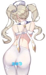  absurdres ass back barbara_(genshin_impact) blonde_hair blush bra censored censored_by_text cowboy_shot cross ear_blush female from_behind genshin_impact hair_ornament hat highres latin_cross median_furrow pantyhose pomp_(qhtjd0120) simple_background solo twintails underwear white_background white_bra white_pantyhose 