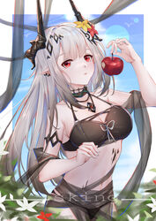  apple arknights bare_arms bare_shoulders bikini black_bikini black_choker breasts chinese_commentary choker cleavage commentary_request cowboy_shot female flower food fruit hair_flower hair_ornament highres holding holding_food holding_fruit horns infection_monitor_(arknights) jewelry large_breasts long_hair looking_at_viewer material_growth mudrock_(arknights) mudrock_(silent_night)_(arknights) navel necklace official_alternate_costume oripathy_lesion_(arknights) parted_lips pointy_ears red_eyes red_flower sking solo standing stomach swimsuit white_hair yellow_flower 