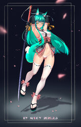  absurdres animal_ear_fluff animal_ears ankle_ribbon armband armpits artist_name black_background blunt_bangs blush breasts cherry_blossoms covered_nipples dated elbow_gloves empty_eyes eyeliner female fox_ears fox_girl fox_tail gloves green_hair highres leg_ribbon legs long_hair looking_at_viewer makeup medium_breasts miyama_tsubaki_me navel oerba_yun_fang okobo ootachi original panties red_eyeliner ribbon sandals shadow solo stomach tail tassel thick_eyebrows thick_eyelashes thighhighs underwear very_long_hair weapon white_panties white_thighhighs yellow_eyes 