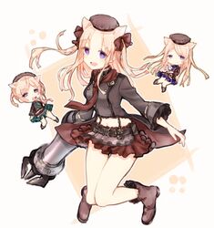  3girls :d animal_ears beige_background beret blonde_hair blue_little_pig_(sinoalice) blue_neckwear blue_skirt boots brown_footwear brown_headwear brown_shirt cake cup eating food forehead full_body green_little_pig_(sinoalice) green_neckwear green_skirt hair_between_eyes hair_ribbon hat highres holding holding_cup holding_food holding_weapon long_hair long_sleeves mace merry-san multiple_girls navel necktie open_mouth pig_ears purple_eyes red_little_pig_(sinoalice) red_necktie red_skirt ribbon shirt short_hair siblings sinoalice sisters skirt smile teacup teeth weapon 