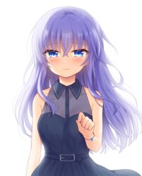  bare_shoulders black_dress blue_eyes blush breasts closed_mouth collared_dress commentary_request commission covered_collarbone dress female hair_between_eyes highres long_hair looking_at_viewer nakamura_hinato purple_hair skeb_commission sleeveless sleeveless_dress small_breasts smile solo sorakado_ai summer_pockets very_long_hair white_background 