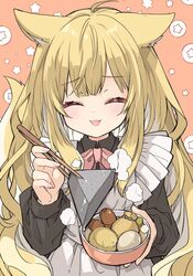  :3 ^_^ ahoge animal_ears apron blonde_hair blush bow bowl chopsticks closed_eyes colored_inner_hair commentary_request facing_viewer fangs feeding female fingernails food fox_ears fox_girl fox_tail fuwafuwa-chan_(kamiyoshi_rika) holding holding_chopsticks incoming_food kamiyoshi_rika konnyaku_(food) long_hair maid maid_apron multicolored_hair oden open_mouth orange_background original pov smile solo star_(symbol) starry_background steam tail upper_body very_long_hair white_hair 