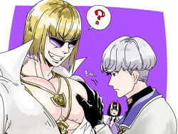  2boys ? anger_vein black_gloves bob_cut breast_envy fate/grand_order fate_(series) female gloves grabbing grey_hair grin groping horns jealous jewelry looking_at_another looking_at_pectorals male_focus multiple_boys necklace pectoral_cleavage pectoral_grab pectorals popped_collar purple_background purple_eyes sakata_kintoki_(fate) short_hair shuten_douji_(fate) simple_background skin-covered_horns smile spoken_question_mark sunglasses swept_bangs upper_body watanabe_no_tsuna_(fate) yumiya 