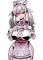  absurdres blush breasts commentary_request female ga320aaa gloves grey_hair hair_ornament hat highres large_breasts looking_at_viewer mole mole_under_eye nijisanji nurse_cap purple_eyes simple_background smile solo sukoya_kana twintails virtual_youtuber white_background white_gloves wrist_cuffs 