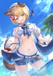  animal_ears belt blonde_hair blue_shorts crop_top dog_ears dog_girl dog_tail erune female flower granblue_fantasy hat hat_ribbon highres looking_at_viewer medium_hair midriff navel official_alternate_costume open_mouth outdoors palm_tree ribbon sailor_collar shirt short_shorts shorts sleeveless sleeveless_shirt solo stomach swimsuit tail topia tree vajra_(granblue_fantasy) vajra_(summer)_(granblue_fantasy) wading white_hat 