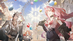  1boy 2girls alchemy_stars balloon bopper_(alchemy_stars) breasts cena_(alchemy_stars) choker cleavage earrings ferris_wheel hat highres jacket jewelry lorelei_(alchemy_stars) multiple_girls nail_polish necklace official_art pink_hair red_lips ring second-party_source smile sunlight watch wristwatch 