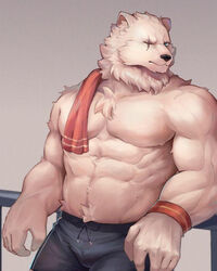  2021 4:5 abs anthro bear biped black_bottomwear black_clothing black_nose black_shorts blue_eyes bottomwear clothed clothing crushfang_(sdorica_sunset) digital_drawing_(artwork) digital_media_(artwork) facial_scar fur leaning_on_railing luodejun male mammal muscular muscular_anthro muscular_male one_eye_closed pecs scar sdorica shorts simple_background solo topless towel towel_on_shoulder white_body white_fur wristband 