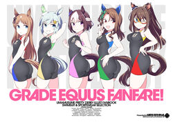  5girls animal_ears armpits arms_up ass black_one-piece_swimsuit blue_eyes bow braid breasts brown_hair character_name clenched_hands closed_eyes comiket_102 commentary_request competition_swimsuit cowboy_shot ear_covers ear_ornament el_condor_pasa_(umamusume) french_braid golden_generation_(umamusume) grass_wonder_(umamusume) green_bow grey_hair grin hair_between_eyes hair_ornament hairclip hand_on_own_hip horse_ears horse_girl king_halo_(umamusume) medium_breasts medium_hair multicolored_hair multiple_girls one-piece_swimsuit one_eye_closed open_mouth ponytail purple_eyes red_eyes seiun_sky_(umamusume) shigino_sohuzi simple_background single_ear_cover small_breasts smile special_week_(umamusume) streaked_hair swimsuit tail tail_through_clothes text_background umamusume white_background white_hair 