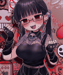  black_dress black_gloves black_hair blunt_bangs blush breasts chain_necklace chains cleavage clenched_hands dress ear_piercing empty_eyes female fingerless_gloves glasses gloves hair_ornament heart jewelry large_breasts long_hair necklace nose_blush open_mouth piercing pom_pom_(clothes) pom_pom_hair_ornament red_eyes sharp_teeth shinigami_dot_com simple_background skull solo spikes sweat teeth toukyou_tama twintails upper_body yasashii_naizou 