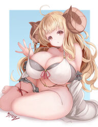  absurdres anila_(granblue_fantasy) anila_(summer)_(granblue_fantasy) bare_legs barefoot bikini blonde_hair breasts brown_eyes character_name cleavage draph female granblue_fantasy heart heart-shaped_pupils highres horns huge_breasts long_hair looking_at_viewer official_alternate_costume sheep_horns side-tie_bikini_bottom sleeping_ear solo strap_pull swimsuit symbol-shaped_pupils thighs untied_bikini white_bikini 