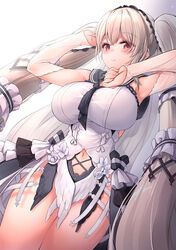  armpits arms_up awa_yume azur_lane bare_shoulders black_neckerchief black_sailor_collar blush bow breasts closed_mouth clothing_cutout commentary_request cowboy_shot detached_sleeves dress dress_bow dress_flower dutch_angle feather_dress female formidable_(azur_lane) formidable_(timeless_classics)_(azur_lane) gradient_background grey_hair hair_between_eyes hair_ornament highres large_breasts long_hair looking_at_viewer navel navel_cutout neckerchief official_alternate_costume pink_eyes sailor_collar sidelocks simple_background sleeveless sleeveless_dress smile solo standing taut_clothes taut_dress twintails two-tone_dress two-tone_ribbon veil very_long_hair white_background white_dress white_sleeves 