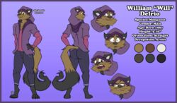  anthro beanie border clothing english_text hand_on_hip hat headgear headwear herpestid hi_res hoodie male mammal model_sheet mongoose purple_border sketchybug smile solo text topwear will_delrio_(sketchybug) 