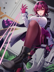  artist_name black_jacket boots breasts collared_shirt eyewear_on_head female firing gloves gun hair_between_eyes highres holding holding_gun holding_weapon honkai:_star_rail honkai_(series) indoors jacket kafka_(honkai:_star_rail) kutsuda_miru large_breasts long_sleeves looking_down open_mouth pantyhose pince-nez purple_eyes purple_gloves purple_hair purple_pantyhose round_eyewear shirt single_thigh_boot solo_focus sunglasses teeth thigh_boots thighs wall weapon white_shirt 