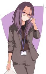  alternate_costume black_pants black_suit blue_eyes closed_mouth collared_shirt female file112056 formal glasses hand_up highres holding holding_paper kagamihara_sakura lanyard long_hair looking_at_viewer office_lady pants paper purple_hair shirt shirt_tucked_in simple_background solo standing suit watch yurucamp 