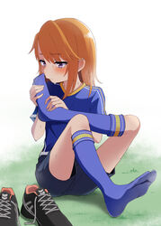  aketa_chika blue_socks blush feet female grass hands_on_feet highres idolmaster idolmaster_cinderella_girls kneehighs long_hair no_shoes orange_hair purple_eyes shoes short_shorts shorts sitting smelling_feet soccer_uniform socks solo sportswear sweat tomboy unworn_shoes yuuki_haru 