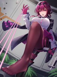  artist_name black_jacket boots breasts collared_shirt eyewear_on_head feet female firing gloves gun hair_between_eyes highres holding holding_gun holding_weapon honkai:_star_rail honkai_(series) indoors jacket kafka_(honkai:_star_rail) kutsuda_miru large_breasts long_sleeves looking_down open_mouth pantyhose pince-nez purple_eyes purple_gloves purple_hair purple_pantyhose round_eyewear shirt single_thigh_boot solo sunglasses teeth thigh_boots thighs toes wall weapon white_shirt 