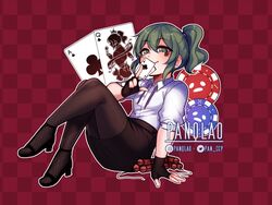  ace_(playing_card) ace_of_clubs card club_(shape) dress_shirt dynamite explosive female fingerless_gloves formal gloves green_eyes green_hair high_heels highres holding holding_card igarashi_futaba_(shiromanta) looking_at_viewer medium_hair office_lady panqlao pantyhose petite playing_card poker poker_chip ponytail queen_(playing_card) queen_of_clubs senpai_ga_uzai_kouhai_no_hanashi shiromanta_(character) shirt sidelocks skirt skirt_suit smile solo suit twitter_username 