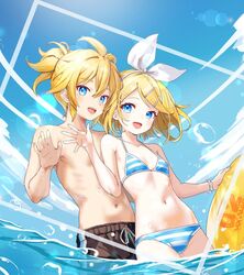  1boy ahoge bikini black_male_swimwear blonde_hair blue_bikini blue_eyes blue_sky bow breasts brother_and_sister cloud collarbone commentary dutch_angle female hair_ornament hairband hairbow hairclip holding holding_swim_ring innertube kagamine_len kagamine_rin lens_flare looking_at_viewer male_swimwear midriff narrow_waist navel ocean open_mouth outdoors pale_skin scrunchie short_hair short_ponytail siblings sidelocks single_vertical_stripe sky small_breasts smile string_bikini striped_bikini striped_clothes swim_ring swim_trunks swimsuit vocaloid wading water water_drop white_bow wrist_scrunchie yellow_innertube yukihane_(snowowl515) 