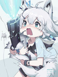  absurdres ahoge android animal_ear_fluff animal_ears artist_name black_shirt black_shorts braid commentary_request dated earrings female firing fox_ears fox_girl fox_tail green_eyes hair_between_eyes highres holding_own_tail hololive jewelry long_hair looking_at_viewer mechanical_parts mechanization navel open_mouth qiaogun_damodao robot_girl see-through see-through_sleeves shirakami_fubuki shirt short_shorts short_sleeves shorts sidelocks single_braid solo tail tearing_up virtual_youtuber white_hair 