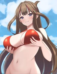  +_+ :3 bare_shoulders bikini bikini_top_only blue_eyes blue_sky blush bottomless breast_lift breasts brown_hair chinese_knot cleavage cloud commentary_request day female flower-shaped_pupils grabbing_own_breast groin hair_ornament hair_rings highres horizon large_breasts long_hair looking_at_viewer multicolored_hair navel ocean outdoors red_bikini red_hair senran_kagura senran_kagura_new_link sky smile solo standing streaked_hair surippa1010 swimsuit symbol-shaped_pupils toki_(senran_kagura) underboob water 