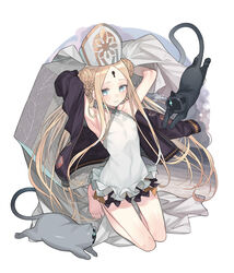  abigail_williams_(fate) abigail_williams_(swimsuit_foreigner)_(fate) abigail_williams_(swimsuit_foreigner)_(second_ascension)_(fate) absurdres animal armpits arms_up bare_legs bare_shoulders barefoot black_cat black_jacket blonde_hair blue_eyes blush braid commentary_request double_bun fate/grand_order fate_(series) feline female frilled_one-piece_swimsuit frills full_body hair_bun hat highres jacket keyhole long_hair mitre nao_(syn_eaa) one-piece_swimsuit parted_bangs solo swimsuit twintails very_long_hair white_hat white_one-piece_swimsuit 