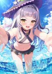  adju_ster bare_shoulders bikini bikini_skirt black_bikini black_choker black_hat blue_sky blush breasts choker cloud commentary_request criss-cross_halter day female grey_hair hair_ornament halterneck hat highres hololive long_hair looking_at_viewer murasaki_shion murasaki_shion_(hololive_summer_2019) navel official_alternate_costume open_mouth outdoors outstretched_arms reaching reaching_towards_viewer sky small_breasts smile solo stomach swimsuit virtual_youtuber water wet witch_hat 