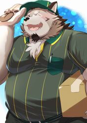  2023 anthro belly big_belly box canid canine canis clothing container delivery_(commerce) delivery_employee hat headgear headwear hi_res kemono male mammal nazebesu_hobby one_eye_closed overweight overweight_male shirt solo tamacolle topwear wolf yamato_(tamacolle) 