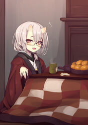  :d brown_eyes checkered commentary_request cup female food fruit glasses grey_hair hair_between_eyes hands_up highres holding holding_cup horns indoors japanese_clothes kimono kiyu_(ogami_kazuki) kotatsu looking_at_viewer mandarin_orange notice_lines ogami_kazuki oni oni_horns open_clothes open_mouth original sitting smile solo steam table white_kimono yunomi 