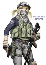  ar-15 assault_rifle buckle bulletproof_vest commentary desert dual_wielding female gloves goggles goggles_on_headwear grey_pants gun handgun highres holding holding_gun holding_weapon holster laser_sight load_bearing_vest m1911 military military_operator mixed-language_commentary original pants pouch reflex_sight rifle scope shawl short_twintails snap-fit_buckle solo thigh_holster toshi_(pixiv6514) trigger_discipline twintails weapon 