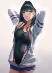  :d absurdres arms_behind_head black_hair black_one-piece_swimsuit breasts commentary competition_swimsuit cowboy_shot female gileu highleg highleg_swimsuit highres hood hooded_jacket hoodie jacket long_hair looking_at_viewer medium_breasts one-piece_swimsuit open_clothes open_jacket open_mouth original purple_eyes simple_background smile solo swimsuit symbol-only_commentary white_background white_jacket zipper_pull_tab 