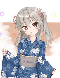  :o blue_kimono blush breasts brown_eyes commentary_request female flipper floral_print girls_und_panzer grey_hair hair_between_eyes head_tilt highres japanese_clothes kimono lily_print long_hair long_sleeves looking_at_viewer obi one_side_up parted_lips print_kimono sash shimada_arisu sleeves_past_wrists small_breasts solo wide_sleeves yukata 