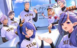  3girls 4boys =_= amamiya_kokoro armband baseball_uniform bell black_hair blonde_hair blue_hair blue_skirt breasts brown_eyes collared_shirt cup dark-skinned_male dark_skin green_hair grey_hair hair_behind_ear hair_bell hair_ornament highres holding holding_tray horns ibrahim_(nijisanji) indoors joe_rikiichi kakutasu maimoto_keisuke medium_breasts mole mole_under_mouth multicolored_hair multiple_boys multiple_girls nijisanji oerba_yun_fang oni_horns open_mouth pointing pointing_at_self pointy_ears purple_hair red_eyes shirt shirt_tucked_in skin_fang skirt smile sportswear streaked_hair suzuki_masaru takamiya_rion tray twintails virtual_youtuber white_shirt 