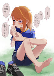  aketa_chika bare_legs barefoot blush feet female grass hands_on_feet highres idolmaster idolmaster_cinderella_girls long_hair orange_hair purple_eyes shoes short_shorts shorts sitting smelling_feet soccer_uniform solo sportswear sweat toes tomboy translated unworn_legwear unworn_shoes yuuki_haru 