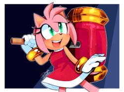  2020 5_fingers accessory amy_rose anthro clothing danielasdoodles eulipotyphlan female fingers gloves green_eyes hair_accessory hairband hammer handwear hedgehog hi_res mammal open_mouth open_smile piko_piko_hammer sega signature smile solo sonic_the_hedgehog_(series) sonic_x teeth tongue tools weapon 