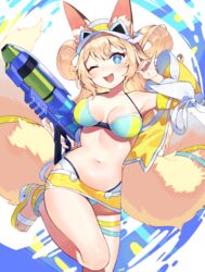  :d absurdres animal_ears anklet armpits bare_shoulders blonde_hair blue_eyes breasts female fluffy fox_ears hand_up high_heels highres inaho_(world_flipper) jewelry leg_up long_hair navel one_eye_closed open_mouth shibainu smile solo swimsuit tail thigh_gap toes visor_cap water_gun world_flipper 