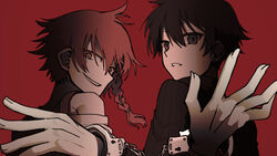  black_hair braid clothing_cutout cuffed cuffs handcuffs looking_at_viewer maeno_aki red_background short_hair shoulder_cutout side_braid single_braid tsugino_haru umami_mazu zeno 