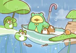  :3 :d absurdres animal_focus bird chick commentary_request eurasian_tree_sparrow fantasy floating foodieg frog highres in_umbrella leaf log no_humans open_mouth original rain raincoat smile snail sparrow tadpole umbrella umbrella_riding underwater water_drop 