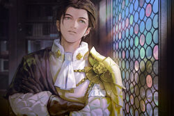  1boy ascot black_capelet black_gloves black_hair bookshelf capelet chinese_commentary claude_von_riegan commentary earrings fire_emblem fire_emblem:_three_houses gloves green_eyes highres jacket jewelry kkia long_sleeves looking_away male_focus parted_lips short_hair single_earring solo upper_body white_jacket window 