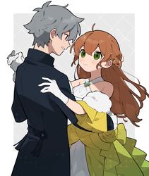  1boy ahoge bare_shoulders black_jacket blush braid brown_hair closed_mouth dancing detached_sleeves dress ellie_(pekaso1118n) eyebrows_hidden_by_hair female flower gloves green_eyes grey_background grey_hair hair_between_eyes highres holding_hands jacket long_hair long_sleeves off-shoulder_dress off_shoulder original parted_lips pekaso1118n rai_(pekaso1118n) red_eyes rose short_sleeves smile twitter_username two-tone_background very_long_hair white_background white_gloves wide_sleeves yellow_dress yellow_flower yellow_rose yellow_sleeves 