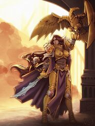  absurdres adepta_sororitas armor bird boobplate brown_hair cape eagle female fur_collar highres holding holding_weapon non-humanoid_robot pauldrons purity_seal robot robot_animal servo-skull short_hair shoulder_armor sword warhammer_40k weapon yellow_eyes zliva 