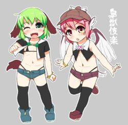  2girls :o ;d alternate_costume animal_ears bikini bird_ears bird_wings black_bikini black_thighhighs blush breasts brown_footwear brown_headwear cleavage commentary_request crop_top dog_ears fangs full_body green_eyes green_footwear green_hair grey_background kasodani_kyouko looking_at_viewer micro_bikini multiple_girls mystia_lorelei navel one_eye_closed open_mouth pink_hair short_hair simple_background small_breasts smile swimsuit thighhighs torque touhou winged_hat wings 