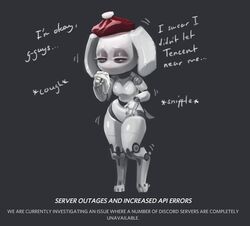  anthro bodily_fluids breasts clyde_(discord) cough discord_(app) english_text female hi_res icepack ill machine mammal napalm_express robot shaking shivering sniffling solo sweat text thick_thighs tissue wide_hips 